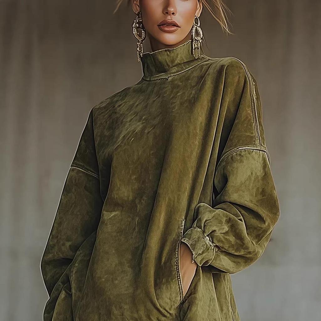 2026 Vintage Style High-Neck Suede Tassel Dress with Pockets