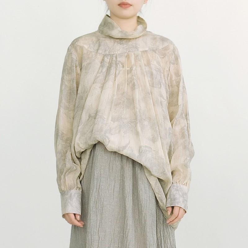 Johnature Tricouri vintage pentru femei, imprimeu de primăvară, tricouri florale de înaltă calitate, cu mânecă lungă, cu gât îndoit, tricouri pentru femei