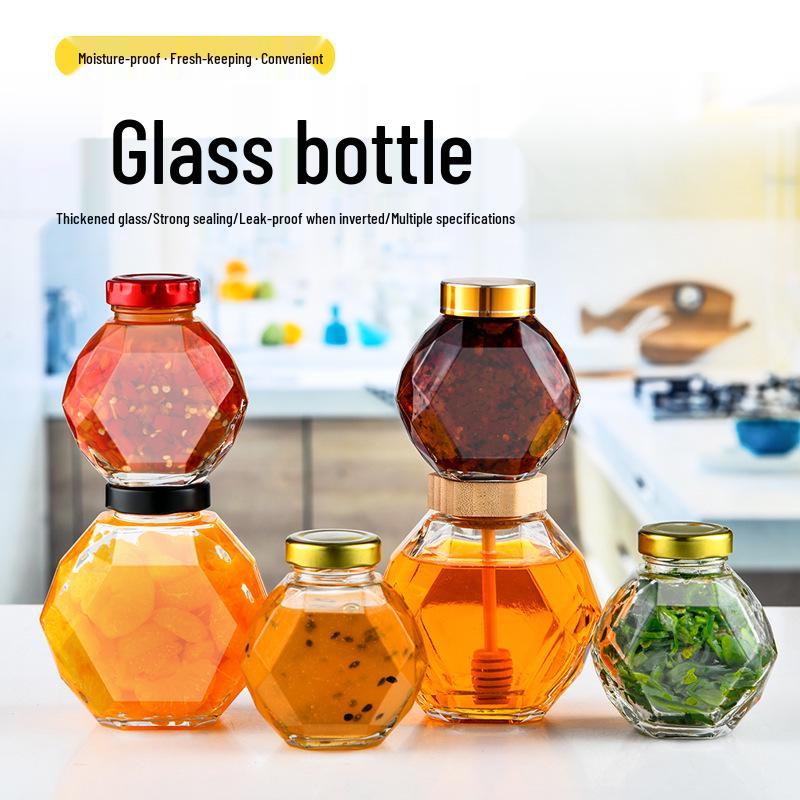 Vasetto Esagonale Premium per Miele in Vetro con Filettatura a Diamante e Coperchio in Legno, 500g