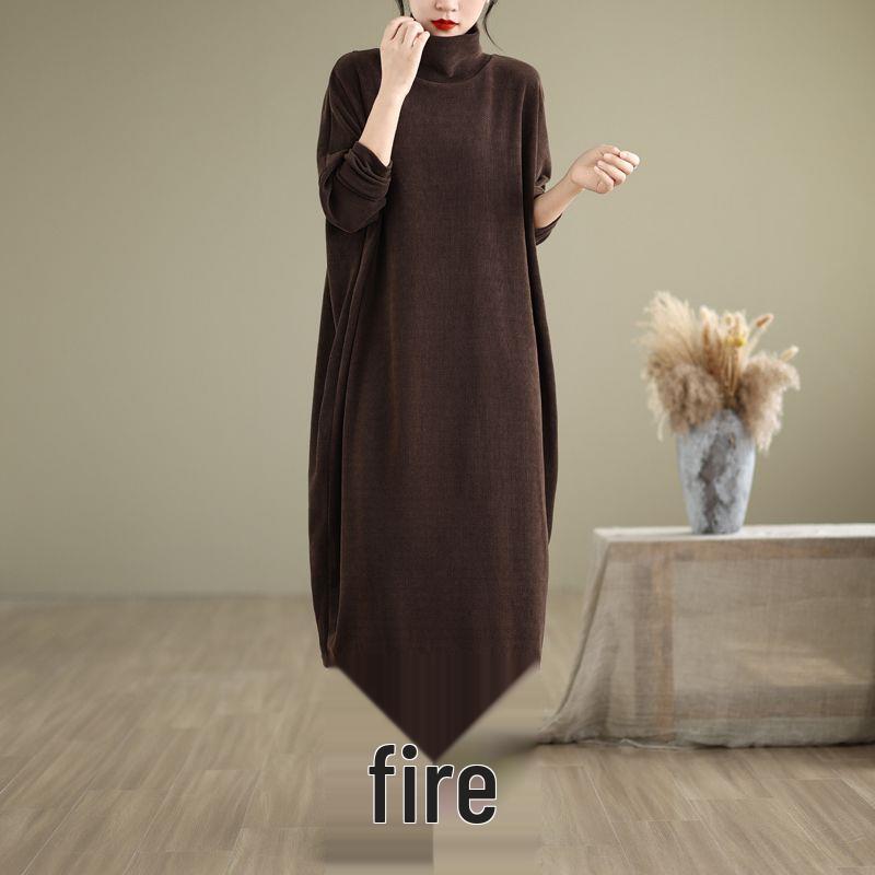 Women's Plus Size High Neck Mid-Length Dress - Fashionable, Slimming, Casual Long Sleeve for Winter and Autumn
