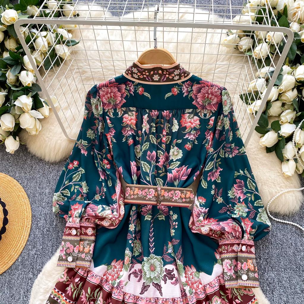 Women's Summer Dress Vintage Designer Print Mini Dresses Stand Collar Single Breasted Party Shirt Dress with Belt