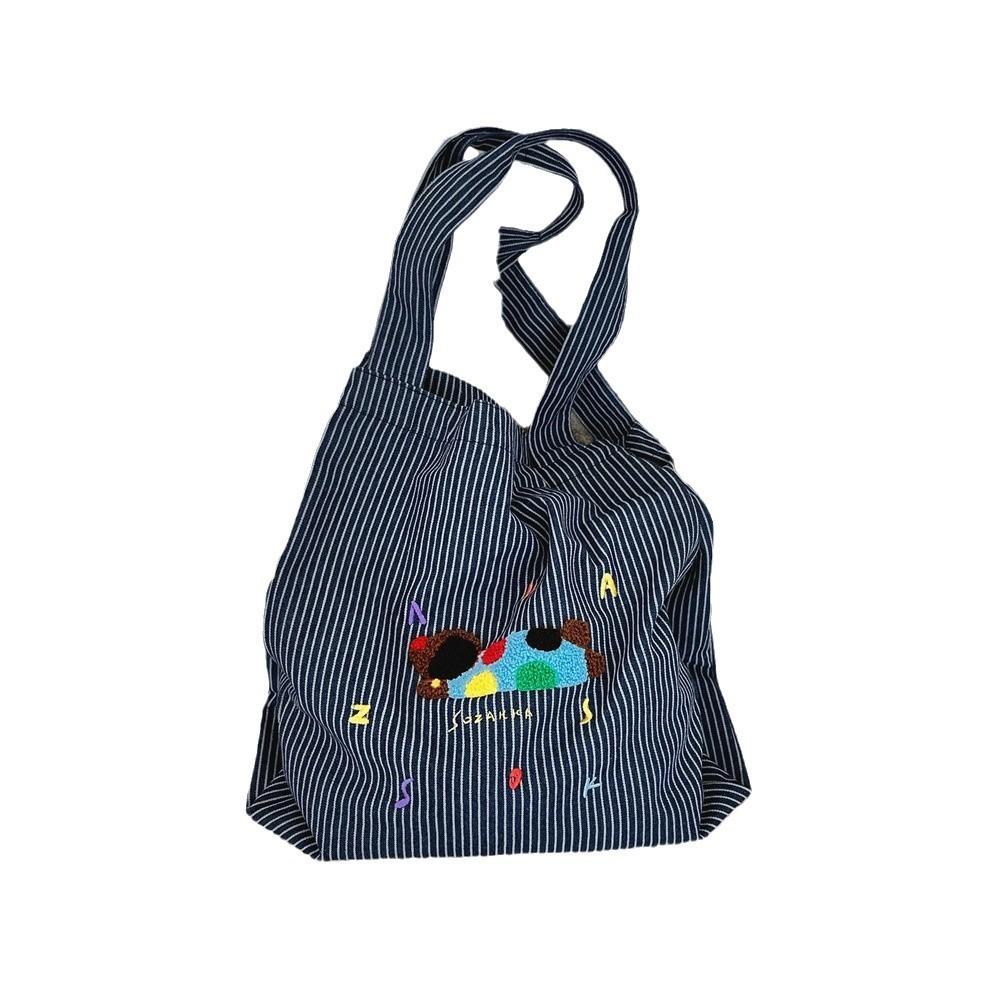 Adorable Cartoon Dog Tote Bag Fashionable Striped Double Pocket Large Capacity Commuter Bag