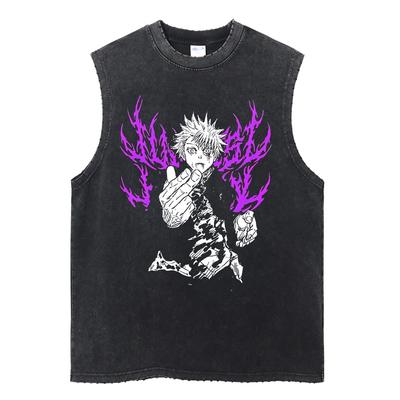 Sommer Herren Vintage Streetwear Ärmellose T-Shirts Baumwoll-Tops Tees Gewaschener Anime-Print Lässige Tops Übergröße Tanktop
