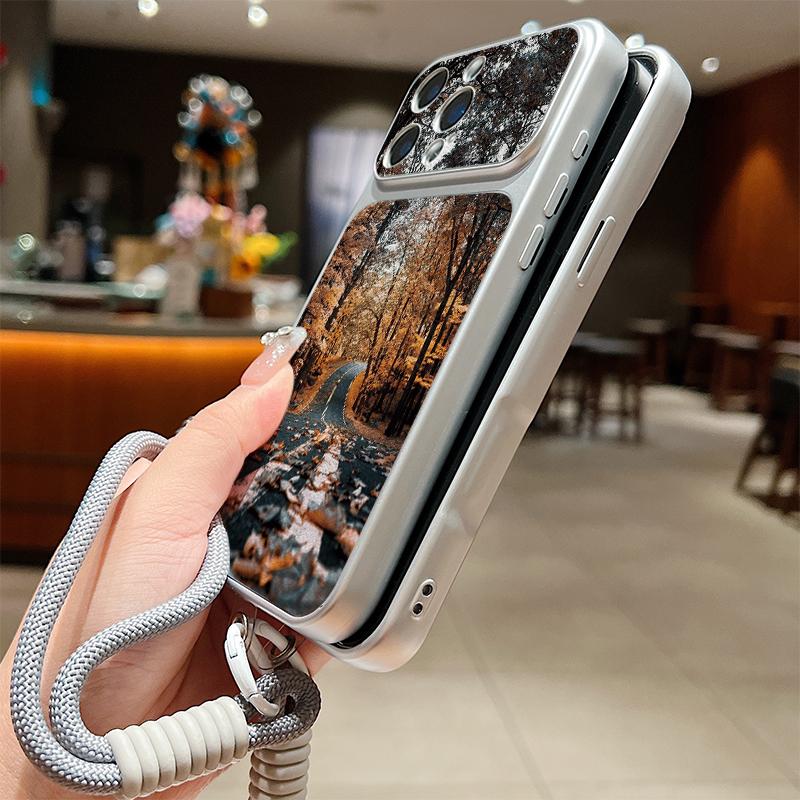 Mountain Road Print Leather Lanyard Case For iPhone 18 Pro Max 17 16 15 14 13 Pro Max Luxury Hybrid TPU+PU Anti-skid Soft Phone Cover