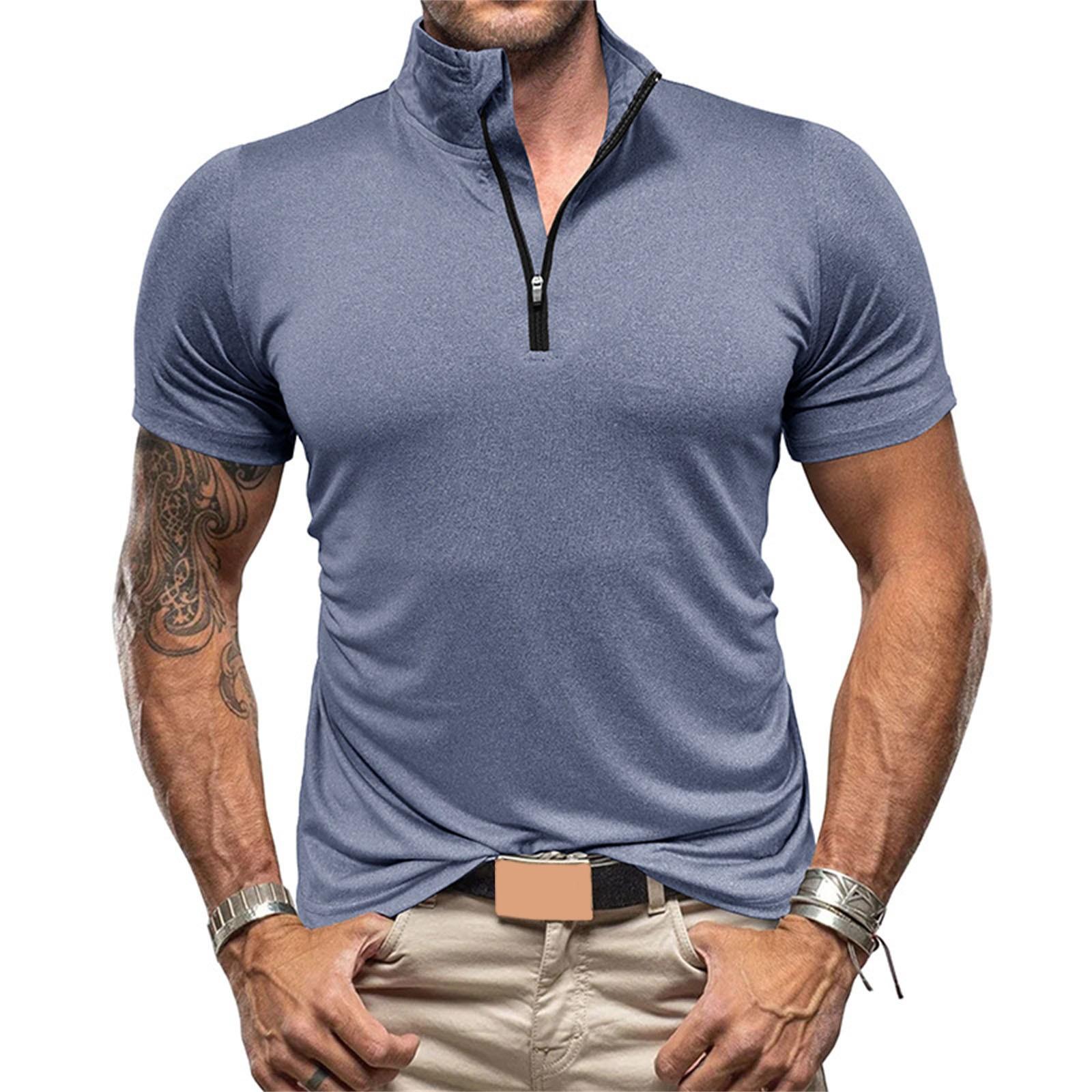 

Модная деловая футболка для отдыха, новая однотонная мужская футболка с застежкой-молнией, простые тренировочные рубашки для мужчин, свободная мужская футболка для высоких мужчин XXL тёмно-синий