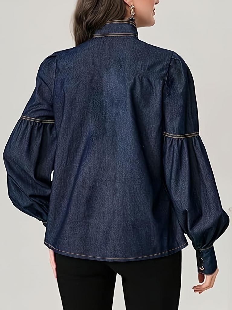 2025 Trendiges Damen-Denimhemd im europäischen Stil mit Schnür-Fliege