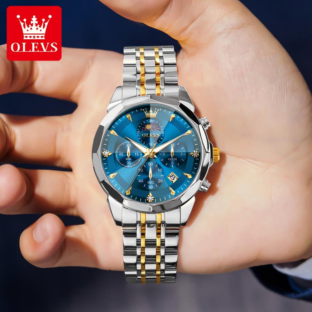 OLEVS Mens Watch Original Business Brand Quartz Watch Rhombus Mirror Waterproof Luminous Automatic Date Moon Phase Watch