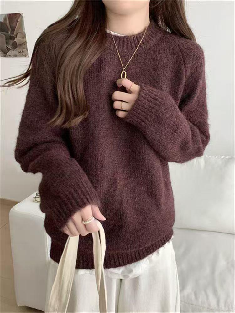Women's Retro Solid Color Round Neck Sweater - Loose Fit Knitwear for Autumn/Winter 2025
