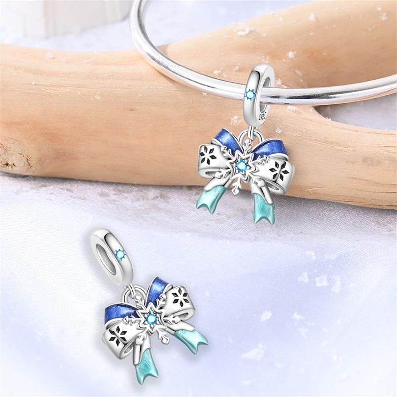 Copper Christmas Series Charms Blue Snowflakes Pendant Jewellery Fit Original Bracelet Necklace For Women Diy Gift