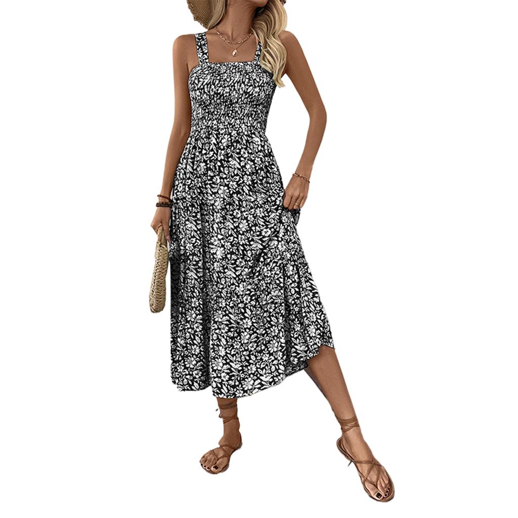 Summer Dresses For Women Boho Maxi Dress Square Neck Smocked A Line Flowy Beach Long Sundress