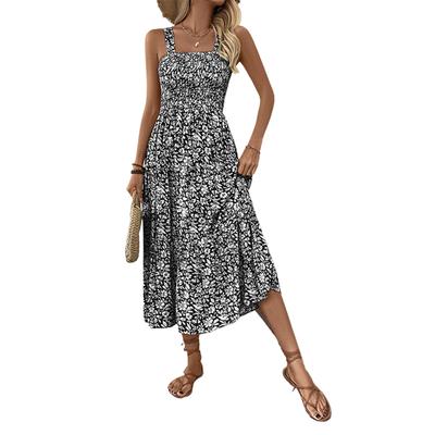 Vestidos de Verano Para Mujer Vestido Maxi Boho Cuello Cuadrado Fruncido A Línea Fluido Playa Vestido Largo de Verano