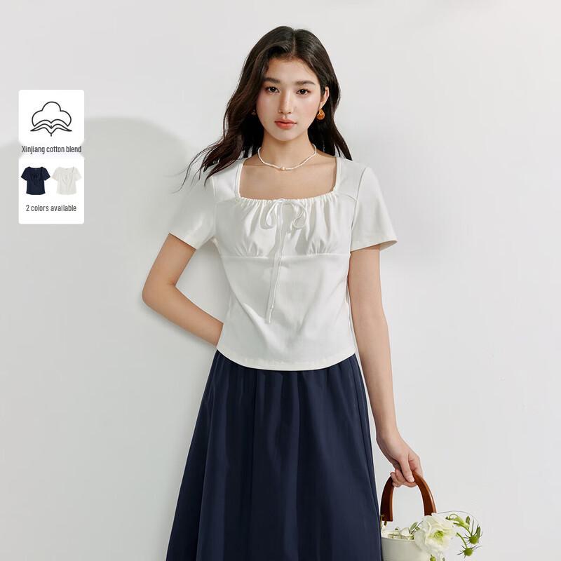 Yinman Women s Square Neck Pleated Short-Sleeve Top S