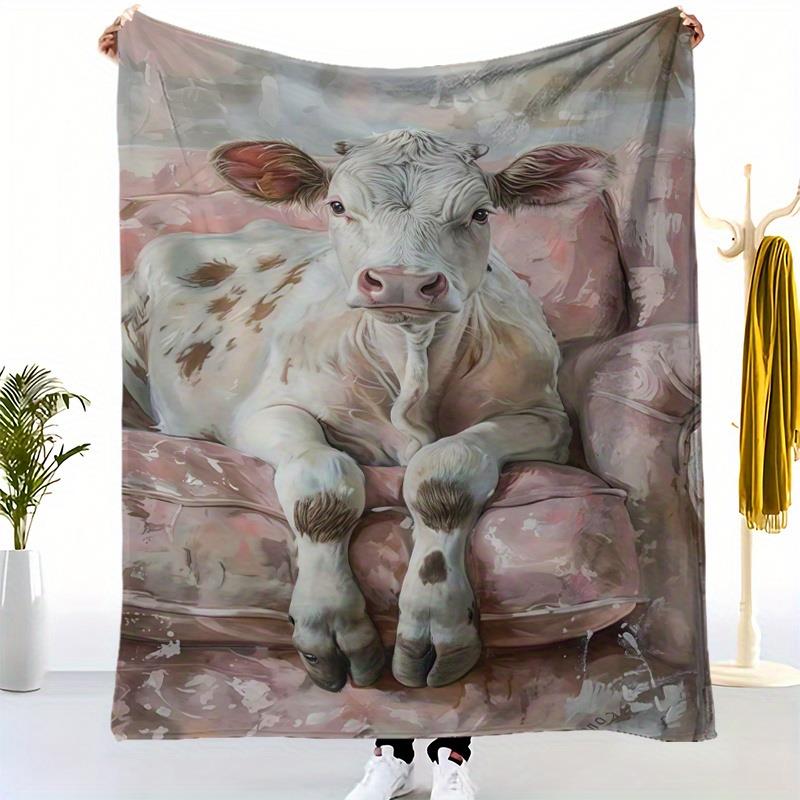 1pc Highland Cow Scottish Cow Print Flannel Blanket  Heavyweight All-Season Luxury Bedspread Throw,Pastel Pink   Brown 130x150cm51x59in