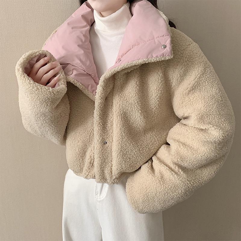 Women's Short Cotton Jacket, Korean Lapel Style, Imitation Lamb Wool, Loose Double-Sided Wear, Long Sleeve Bread Coat.