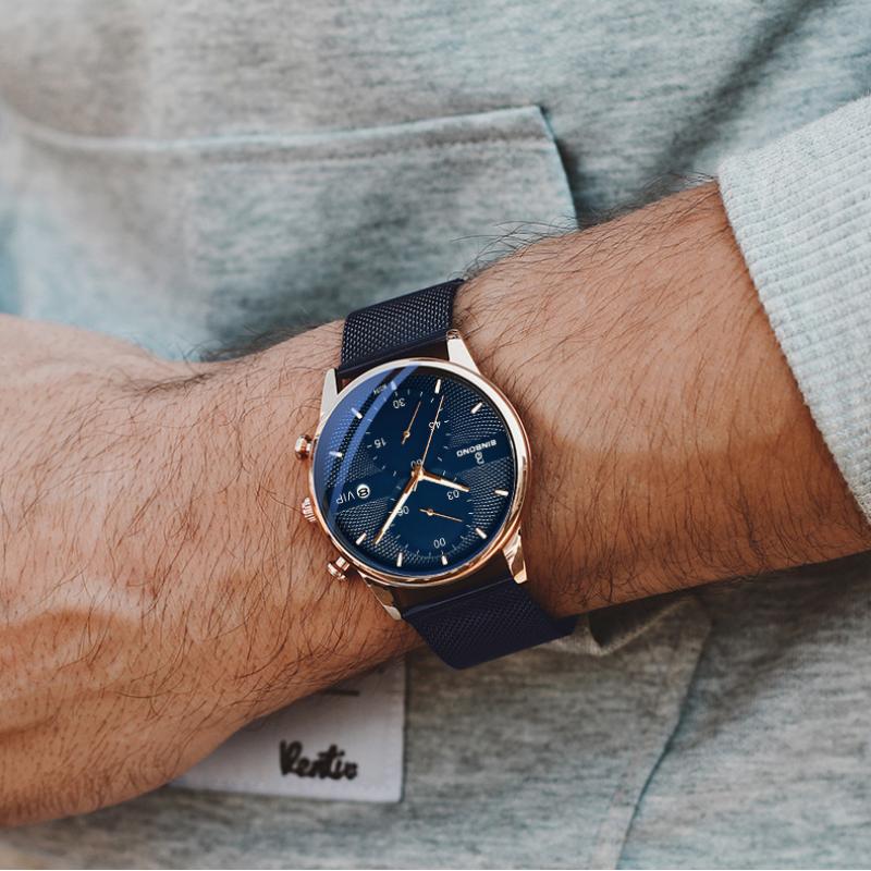 Ultra-ince Konsept Tasarım Saat Paslanmaz Çelik Hasır Kayış İş Erkek Saati Günlük Kuvars Kronograf Spor Saat