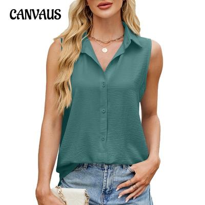 Damen Frühling und Sommer Einfarbig Revers Knopf Weste Chiffon Top