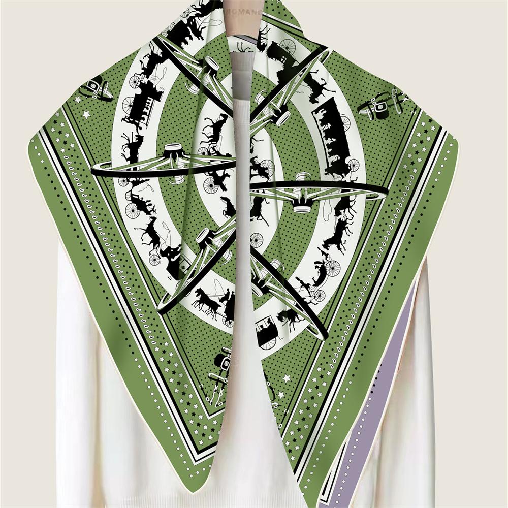 POBING Manual Hand Rolled Twill Silk Scarf Women Carriage Double Print Square Scarves Wraps Echarpes Foulards Femme Hijab 90CM