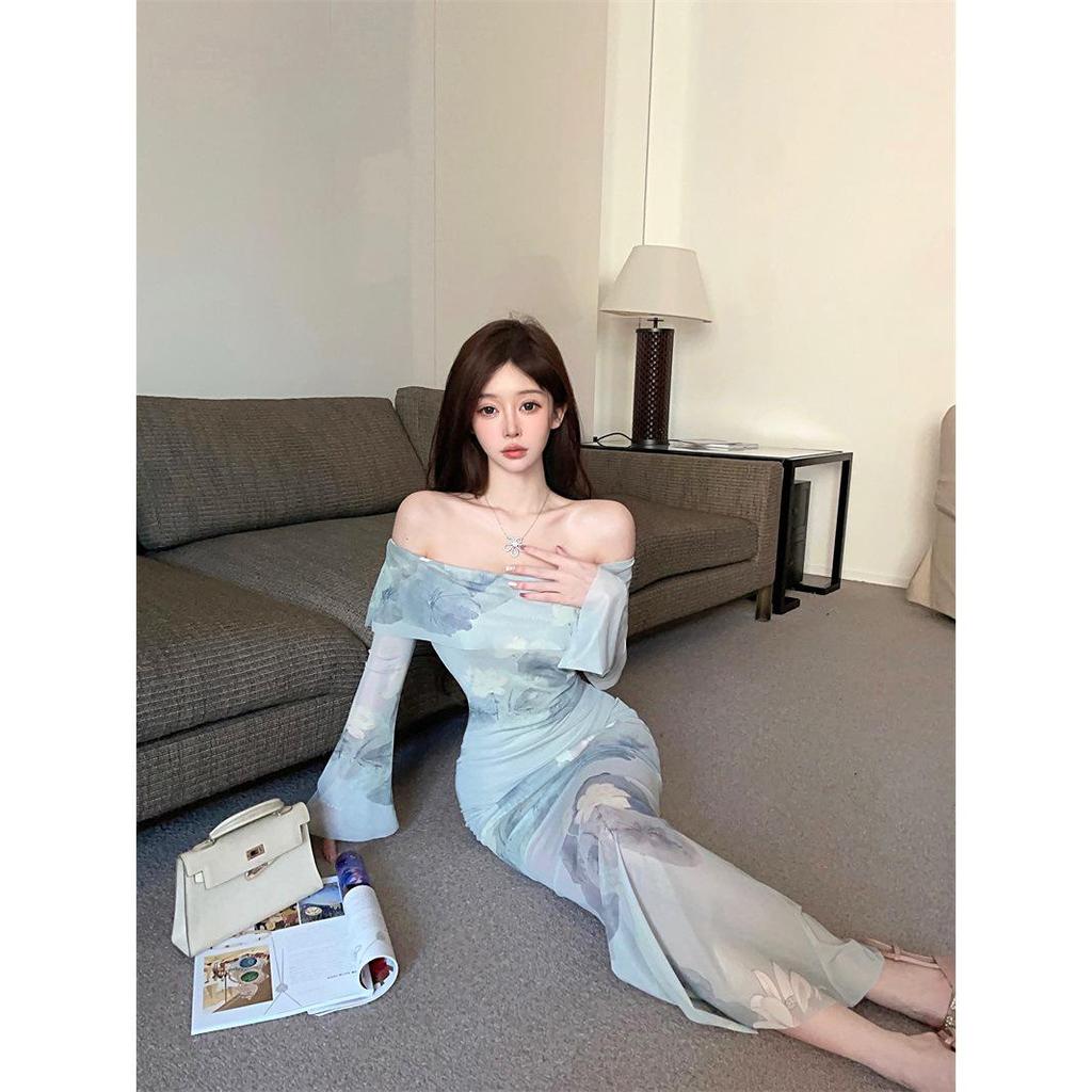 Elegant Off-the-Shoulder Mesh Fishtail Cheongsam Dress - Women's Summer Fit