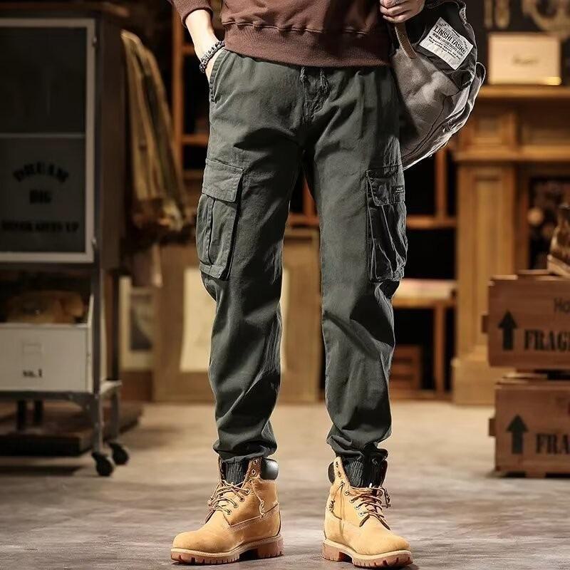 Men's Retro Skinny Cotton Overalls - Spring/Autumn, Wear-Resistant, Multi-Pocket Casual Pants