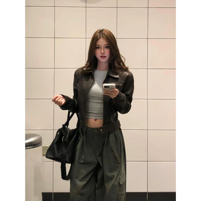 Осень Новая Ретро Коричневая Короткая Кожаная Куртка Женская Американская Узкая Кожаная Крутая Дерзкая Мотоциклетная Верхняя Куртка S коричневый