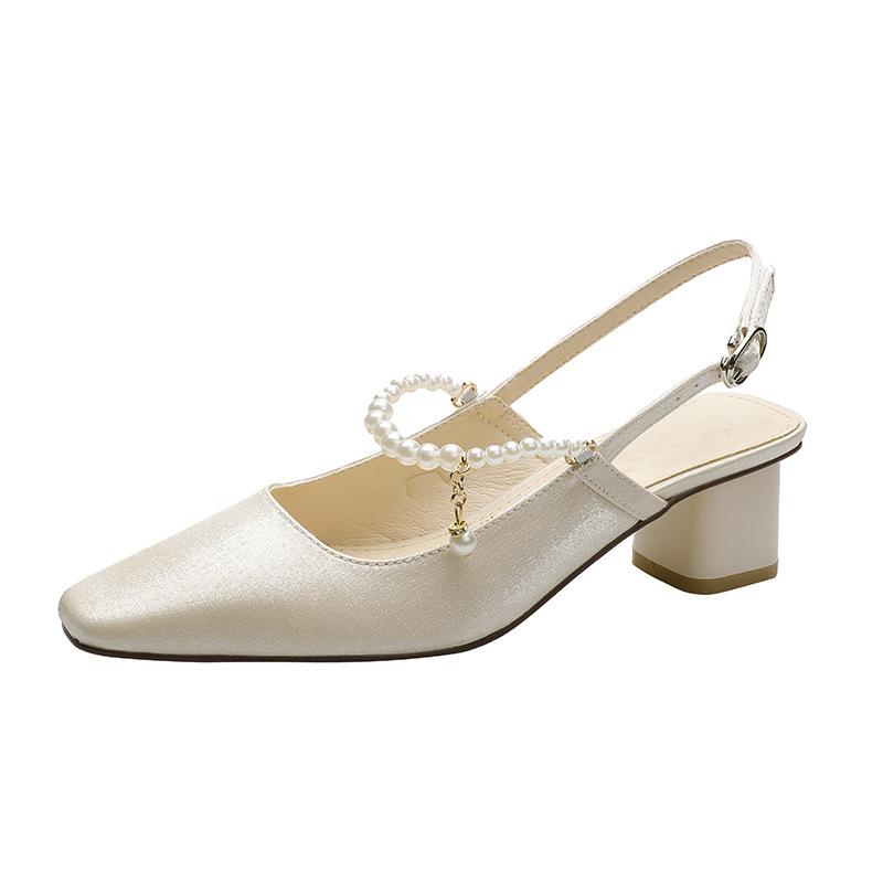 High-heeled bag head sandals women's summer 2025 new square head back strap pearl sexy fairy wind thick heel medium heel single shoes