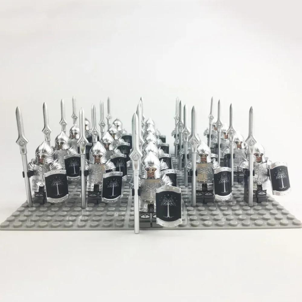 21 Stück/Los Dane Eisene Füße Eomer Rohan Krieger vs Uruk Hai Armee Figuren Mit Schild Schwert Bogen Speer Bausteine Spielzeug für Kinder