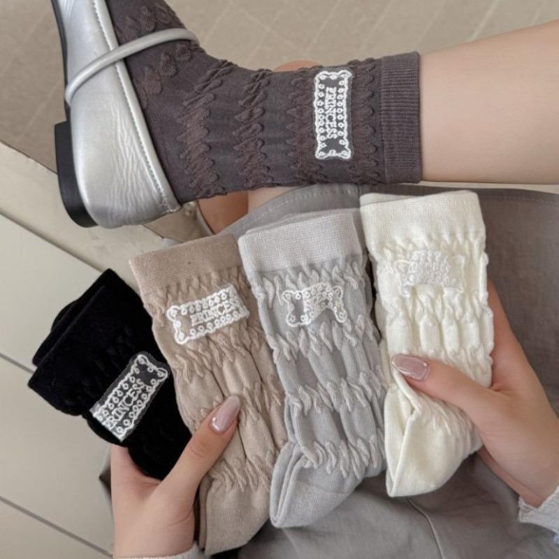 Lace Fabric Label Pleated Bubble Mid-calf Socks, Women's Three-dimensional Trendy Socks, College Style Pile Socks
