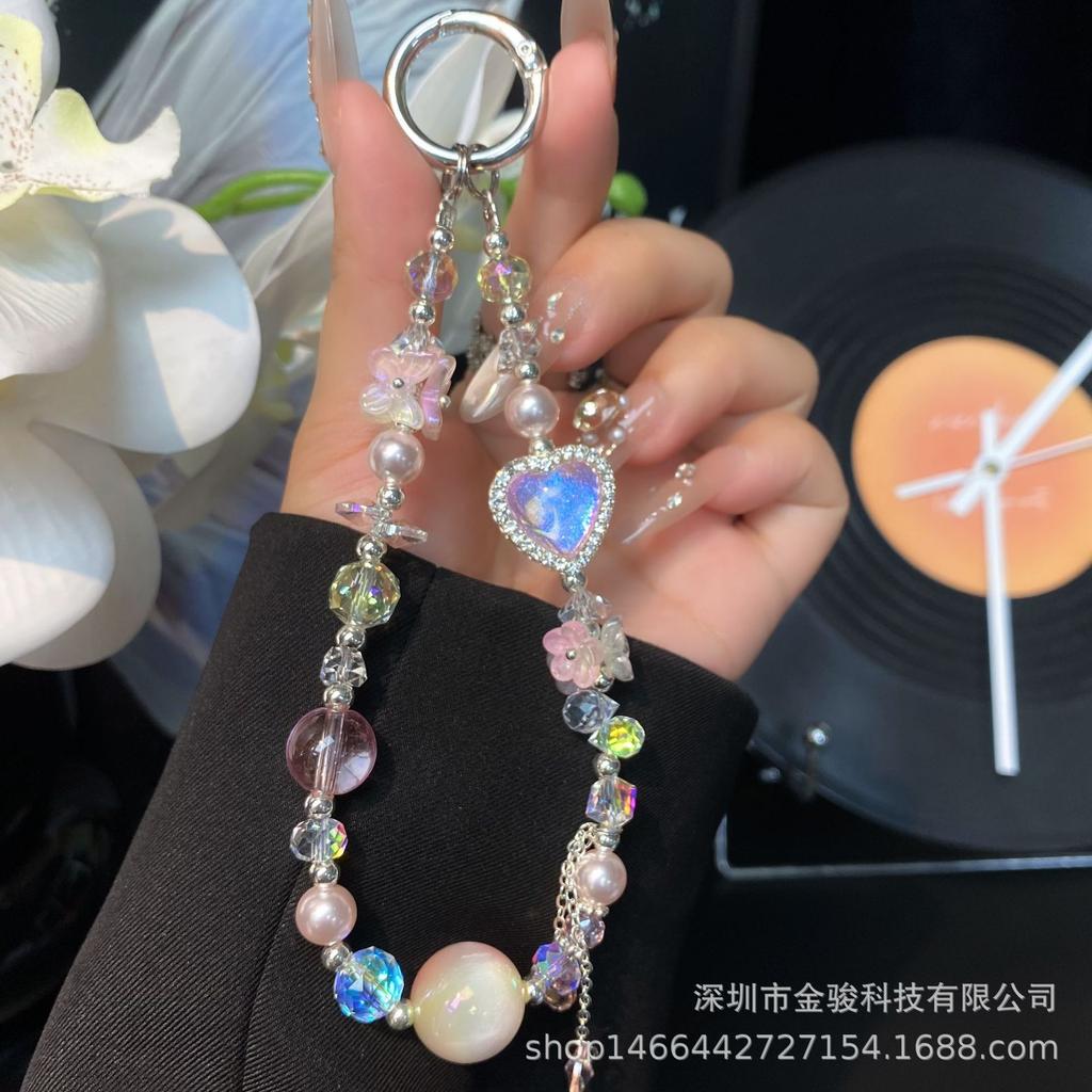 Phone Chain with Rhinestones, Colorful Heart Phone Chain Strap, Wrist Strap, Handmade Crystal Beaded DIY Flower Chain