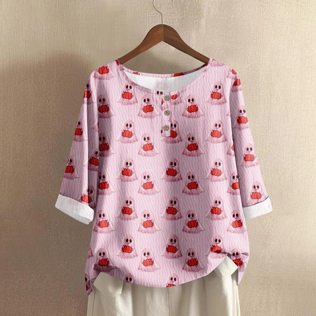 Women's Fashion Casual Long Sleeve Halloween Printed V-Neck Top