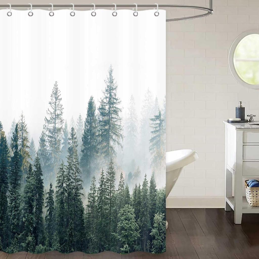 Misty Forest Trees Shower Curtain Machine Washable All Season Waterproof Privacy Protection 2D Print Nature Design Zen 12 Hooks