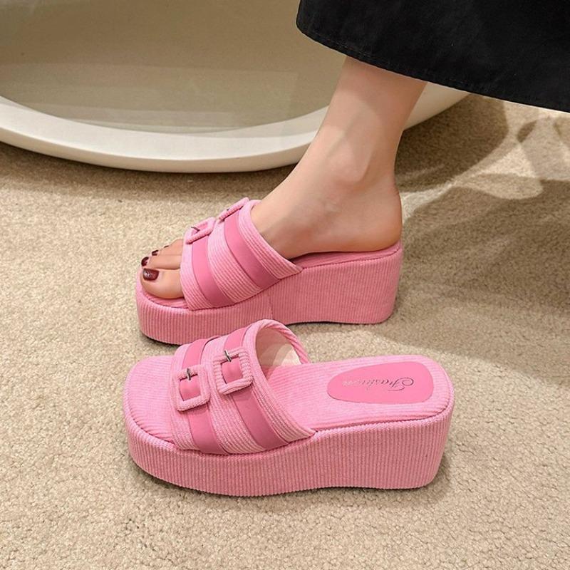 

Тапочки женские для улицы весенние новые темпераментные женские туфли квадратная пряжка маффин толстая подошва однословные шлепанцы 40 розовый