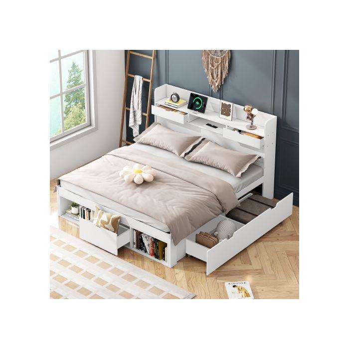 Lit double - MUVOE - 180x200 cm - Avec port USB - Tiroirs de rangement - Blanc