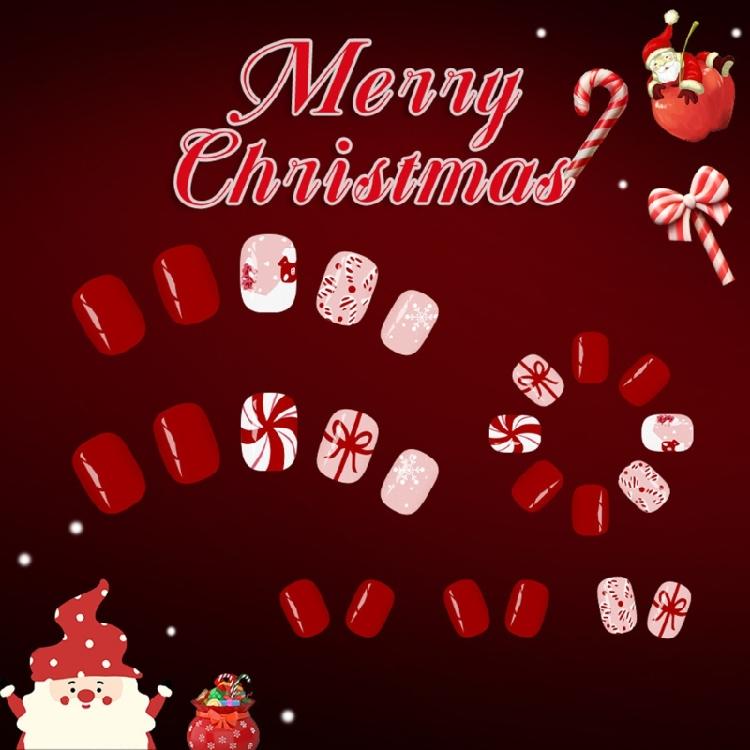 Holiday Party Press On Nail 24PCS Snowflake Candy Cane Designs Lightweight ABS False Nail Christmas Design Easy Apply
