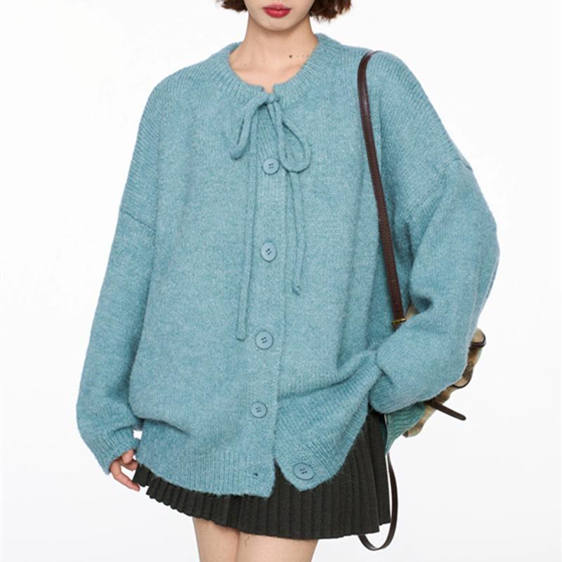 Retro bow sweater jacket women's autumn and winter loose lazy style new knitted cardigan top women