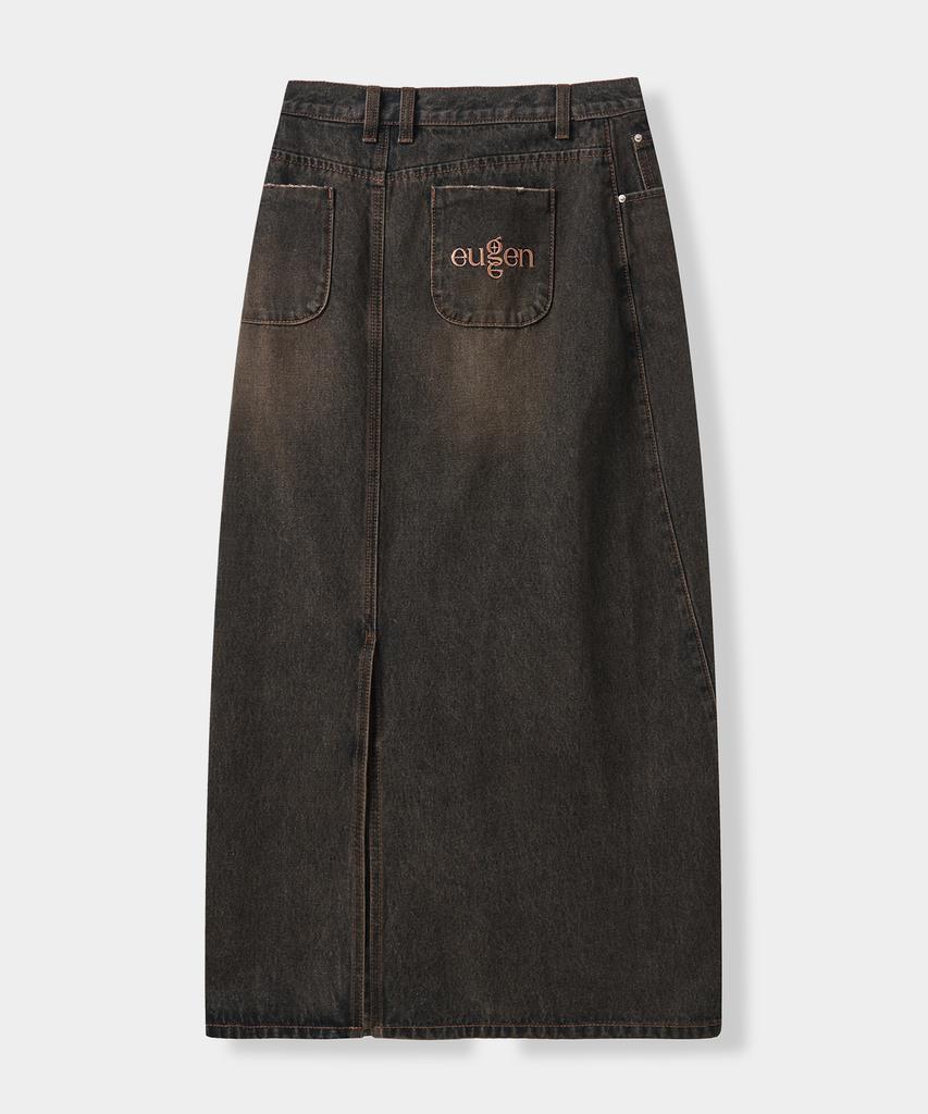 Yujen Slit Washed Denim Long Skirt_Dust Black