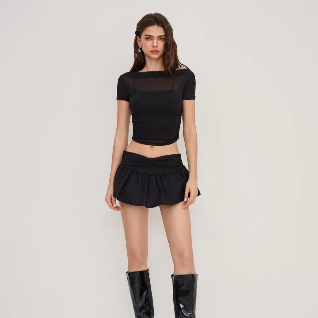 Pure desire wind one-word shoulder mesh short-sleeved top women's summer inner with suspenders, thin versatile short top Spice girl suit