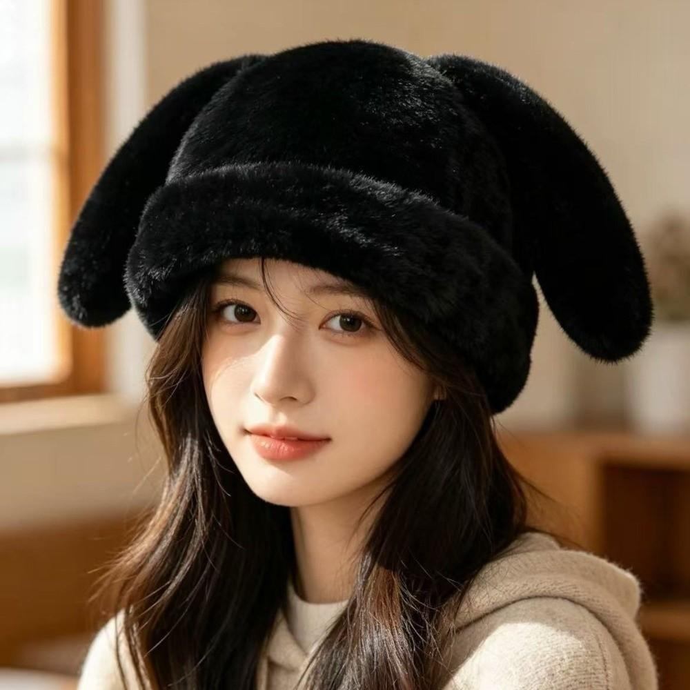 Coldproof Rabbit Ears Beanies Solid Color Ear Protection Hat Funny Plush Pullover Cap Women