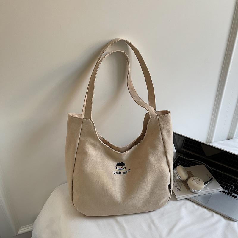 2025 Minimalist Large-Capacity Canvas Shoulder Tote with Embroidery