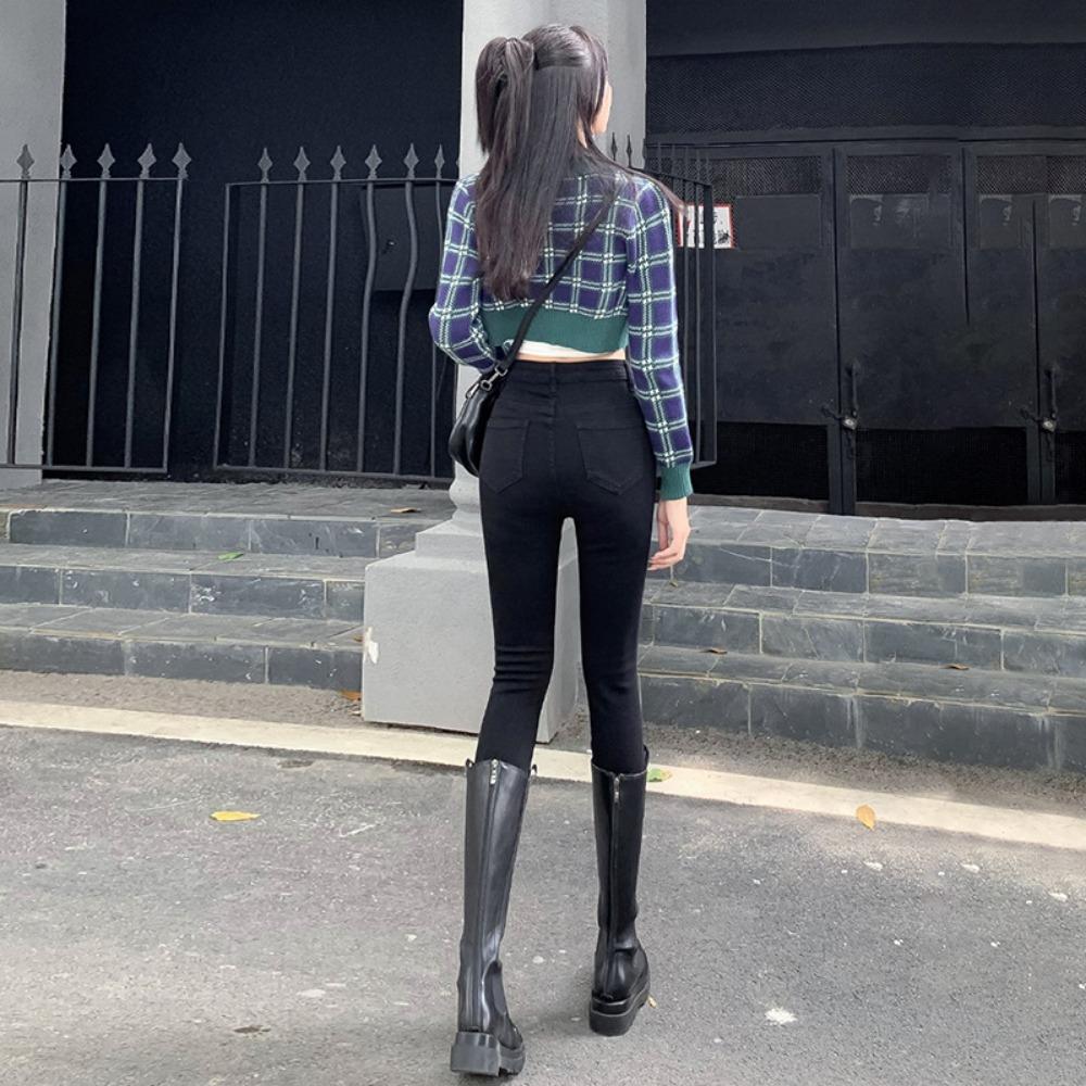 Trend ins high-waisted jeans women's tight-fitting small feet 2025 autumn and winter new thin elastic pencil jeans