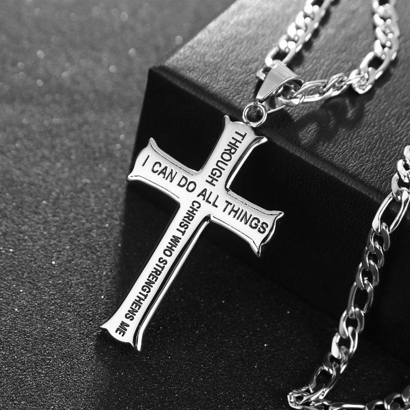 316L Stainless Steel Cross Chain Necklace Pendant For Men Religious Zircon Accessories