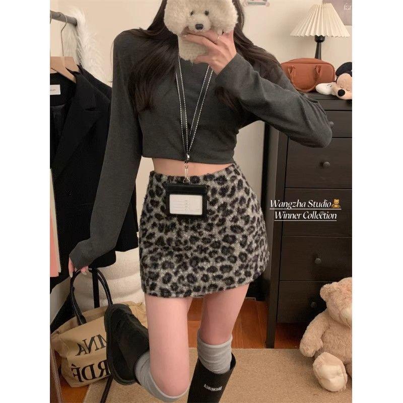 Korean Retro Leopard Print Lambswool A-Line Short Skirt - High Waist Slimming Design Large серый