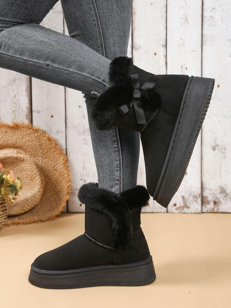 Damen Übergröße Pelzige Winterstiefel: 2025 Lässige Baumwolle aus einem Stück mit dicker Sohle und Schmetterlingsdetail