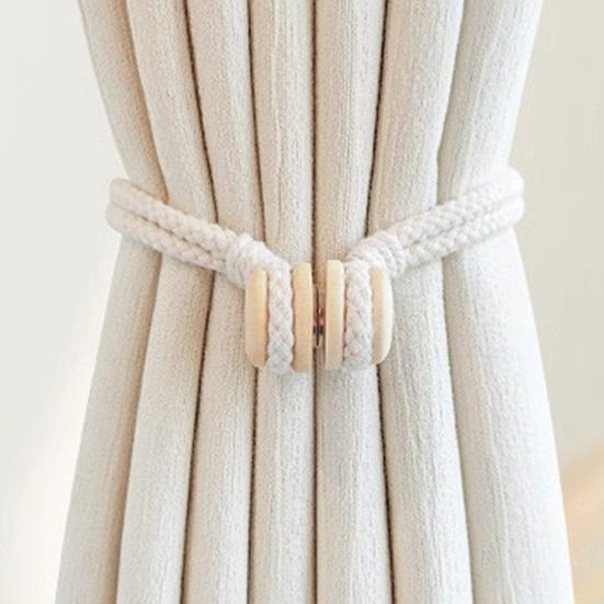 2PCS Magnetic Curtain Ties,with Strong Suction, Woven Rope And Wooden Beads Tiebacks, for Nordic Japanese Style Home Decor