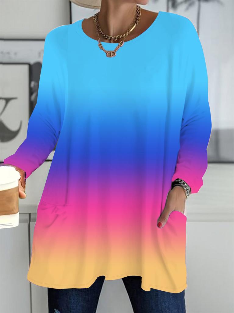 Jesień Zima 2025 Nowe Damskie Bluzki Plus Size, Modne T-Shirty z Dekoltem Okrągłym i Długim Rękawem z Nadrukiem 3D w Kolorze Gradientowym