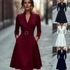 European & American Solid Color V-Neck Waist-Cinching Long Sleeve Dress for Fall & Winter