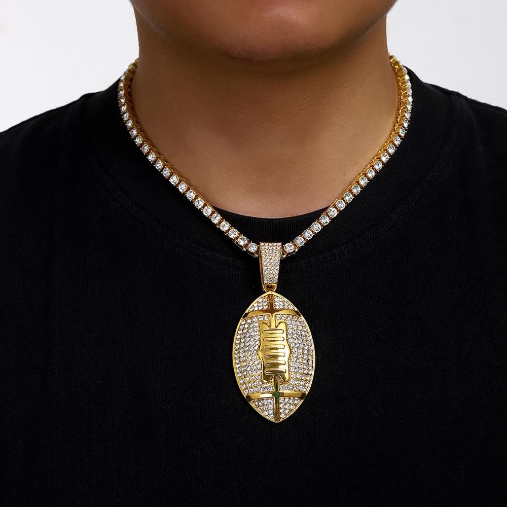 Europe and America New Full Diamond Rugby Alloy Pendant Hip Hop Cuban Chain Tennis Chain Fried Dough Twists Chain Men's Necklace