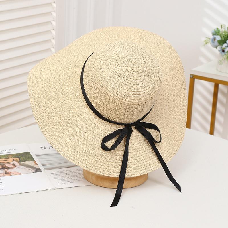 Summer Bow Sun Hat Female, Seaside Beach Vacation Sun Hat Outdoor Big Brim Sun Hat Sweet Straw Hat