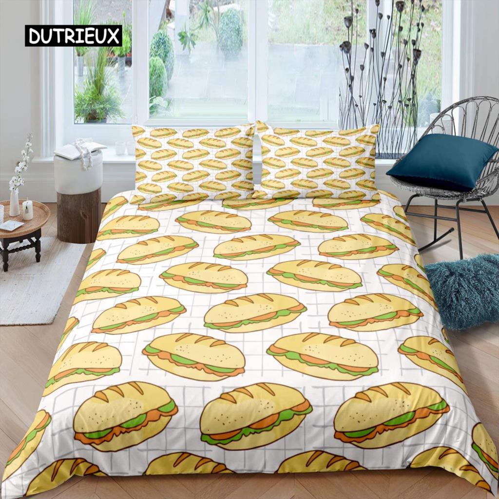 American Fast Food Duvet Cover Set Full Size Polyester Pizza Hotdog Hamburger Print Bedding Set French Fries Cartoon Quilt Cover