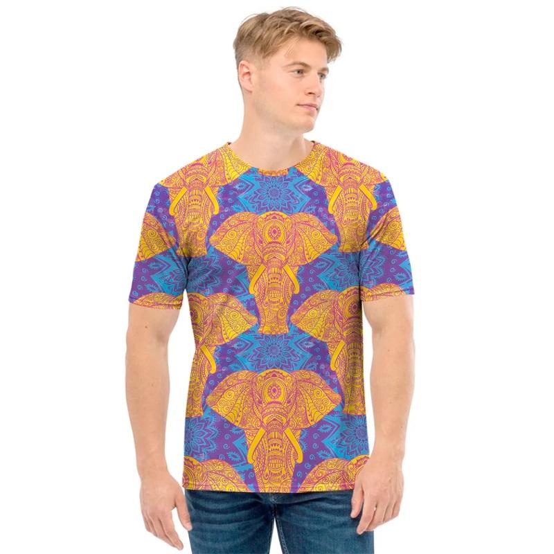 

African Tribal Elephant Pattern Print T-shirt For Men Women Casual Crew Neck Oversized S
