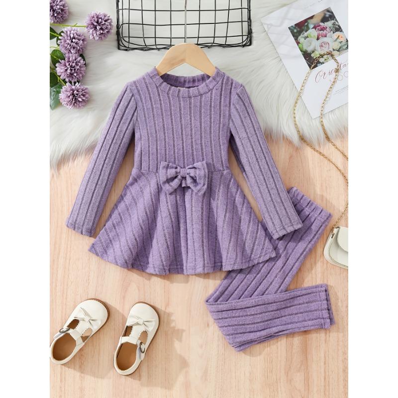 Chic Girls' Bow-Knot Long Sleeve Dress & Pants Set - Cozy Fleece-Lined, Solid Color, Machine Washable - Perfect for Fall/Winter, Perfect for Outdoor